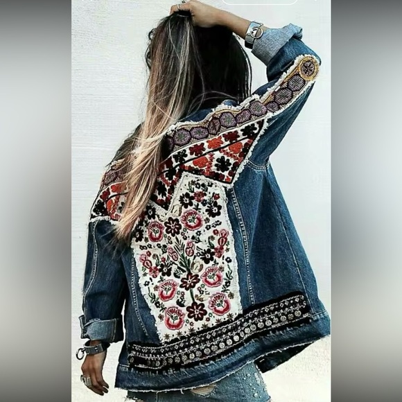 Anthropologie Jackets & Blazers - Denim bohemian stitched Aztec tribal floral embroidered denim jacket coat